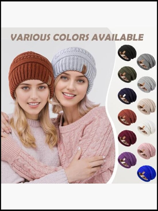 Satin Lined Beanie for Women, Warm Slouchy Winter Hat with Silk Lined,